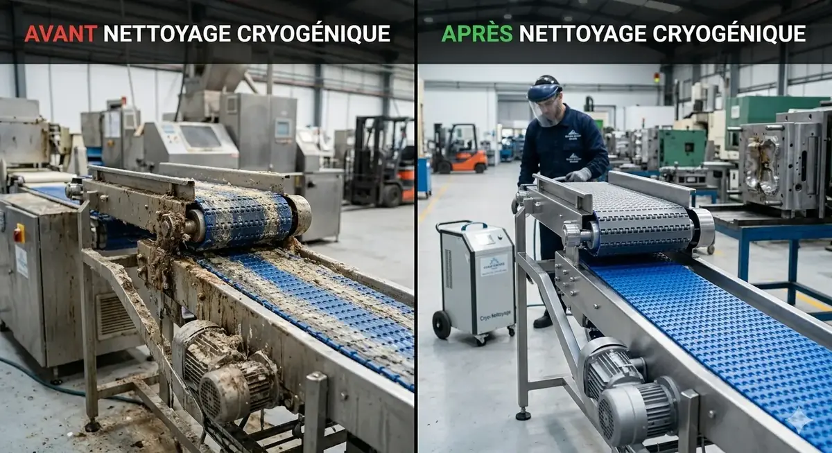 Avant après nettoyage cryogénique convoyeur agroalimentaire HACCP dry ice blasting Maroc Rabat