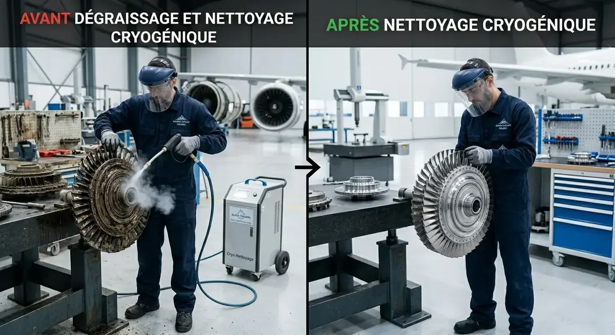 Avant après nettoyage cryogénique turbine aéronautique Safran Midparc dry ice blasting Maroc